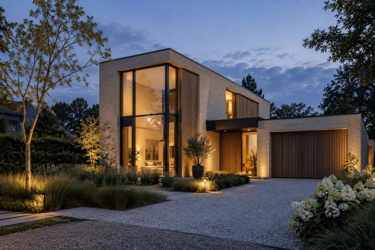 Conceptbeeld van een moderne woning bij avond
