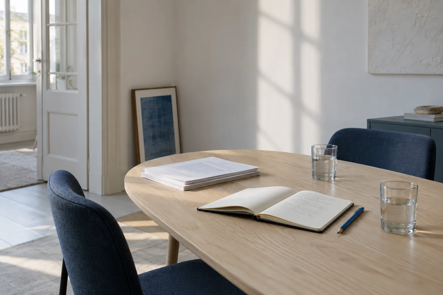 Een rustige gesprekstafel met een open notitieboek, werkdocumenten en twee blauwe stoelen