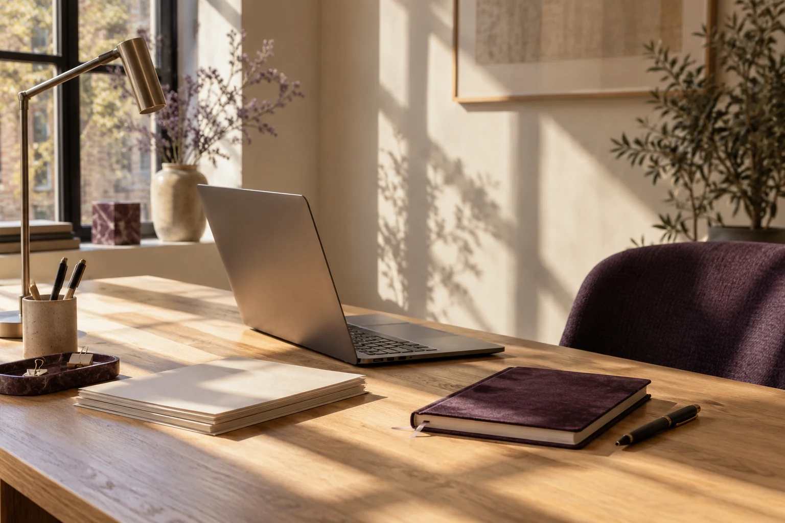 Conceptbeeld van een rustige werkplek met laptop, papieren en een paars notitieboek