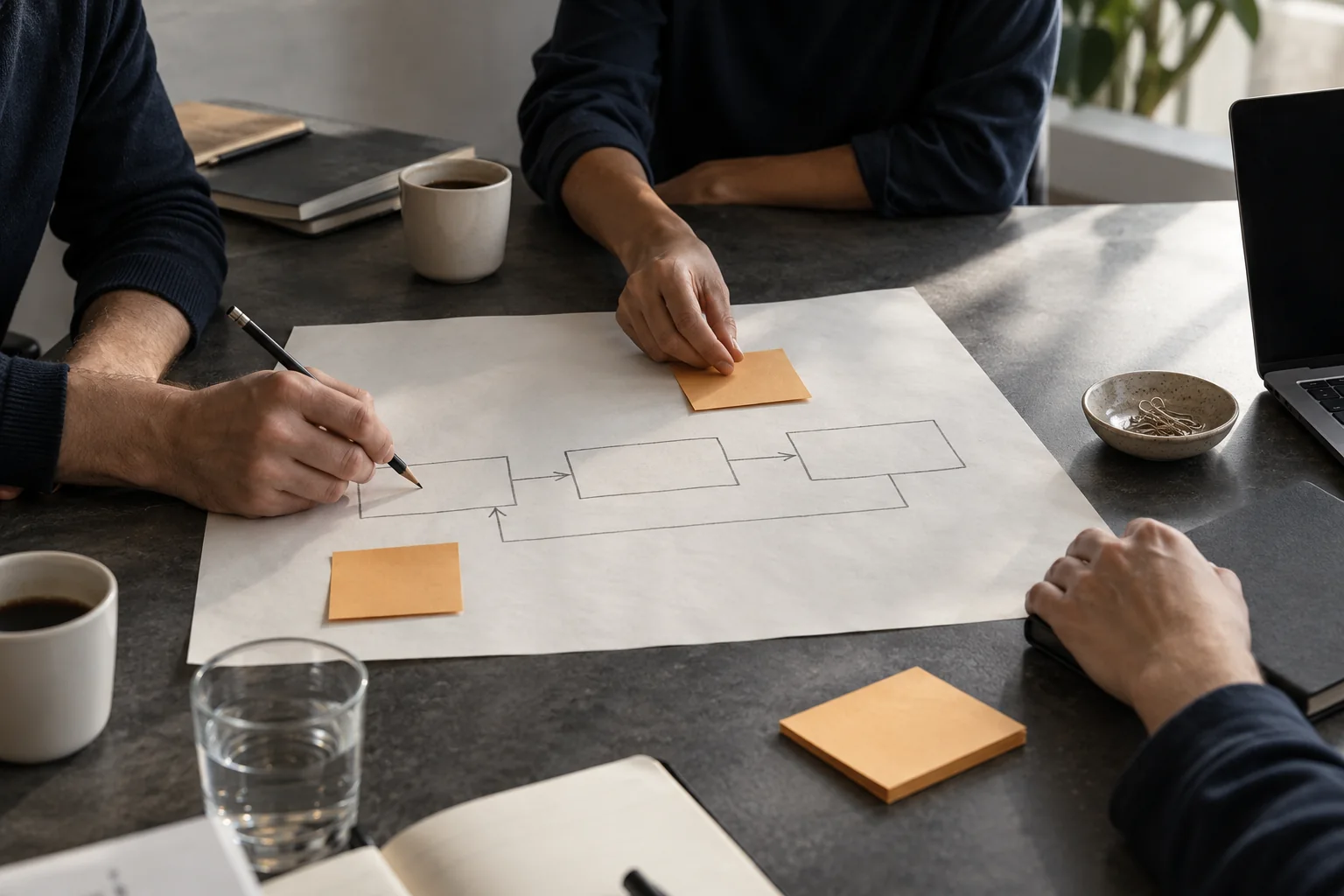 Gegenereerd conceptbeeld: handen werken aan een overdrachtsschema op een vergadertafel.