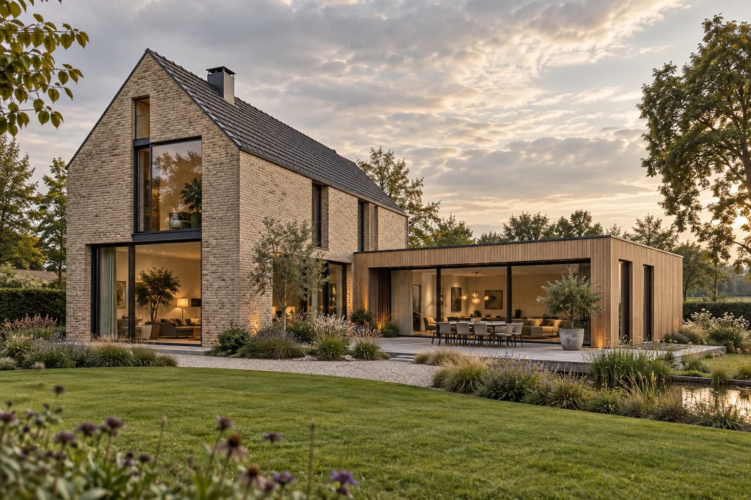 Sfeerbeeld van een moderne woning met grote antraciete kozijnen